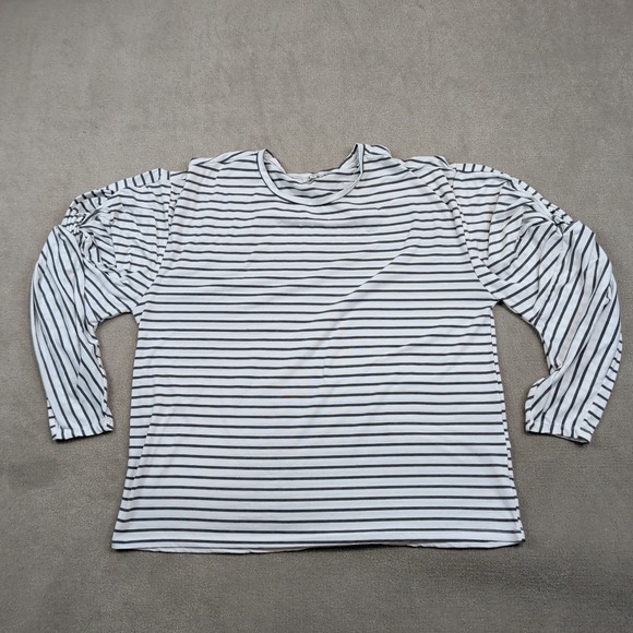 Umgee Parisian Striped Ruched Puff Sleeve Top M White Grey Nautical Classic — photo 2